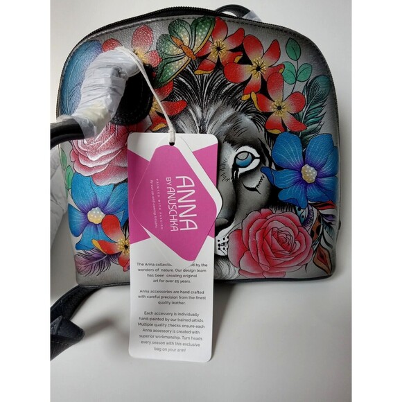 NWT Anna by Anuschka Hand-Painted Leather Lion In Flowers Domed Crossbody Bag - Picture 4 of 16